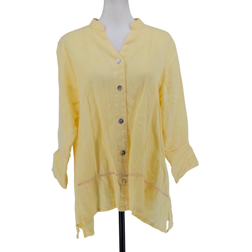 Oversized Linen Button Up Tunic‎ S Yellow Lace Inset Lagenlook Coastal Resort